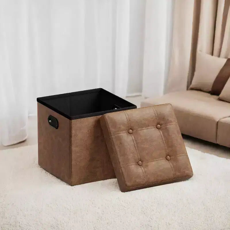 SONGMICS 15 Inches Folding Storage Ottoman, Cube Footrest, Coffee Table with Hole Handles, Faux Leather