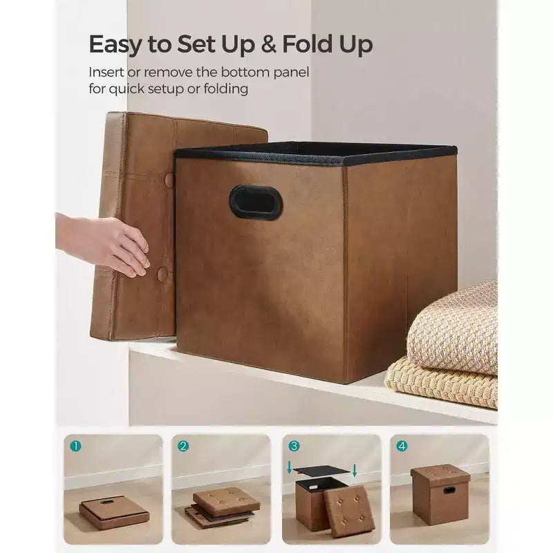 SONGMICS 15 Inches Folding Storage Ottoman, Cube Footrest, Coffee Table with Hole Handles, Faux Leather