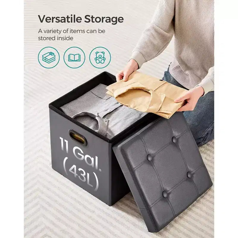 SONGMICS 15 Inches Folding Storage Ottoman, Cube Footrest, Coffee Table with Hole Handles, Faux Leather