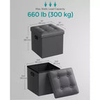 SONGMICS 15 Inches Folding Storage Ottoman, Cube Footrest, Coffee Table with Hole Handles, Faux Leather