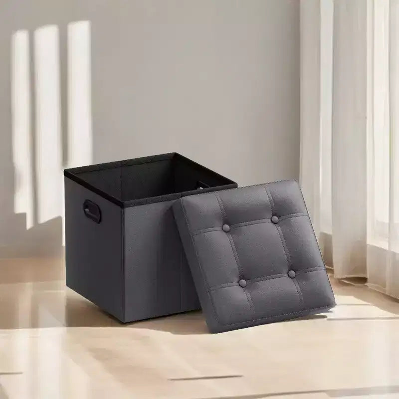 SONGMICS 15 Inches Folding Storage Ottoman, Cube Footrest, Coffee Table with Hole Handles, Faux Leather