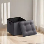 SONGMICS 15 Inches Folding Storage Ottoman, Cube Footrest, Coffee Table with Hole Handles, Faux Leather