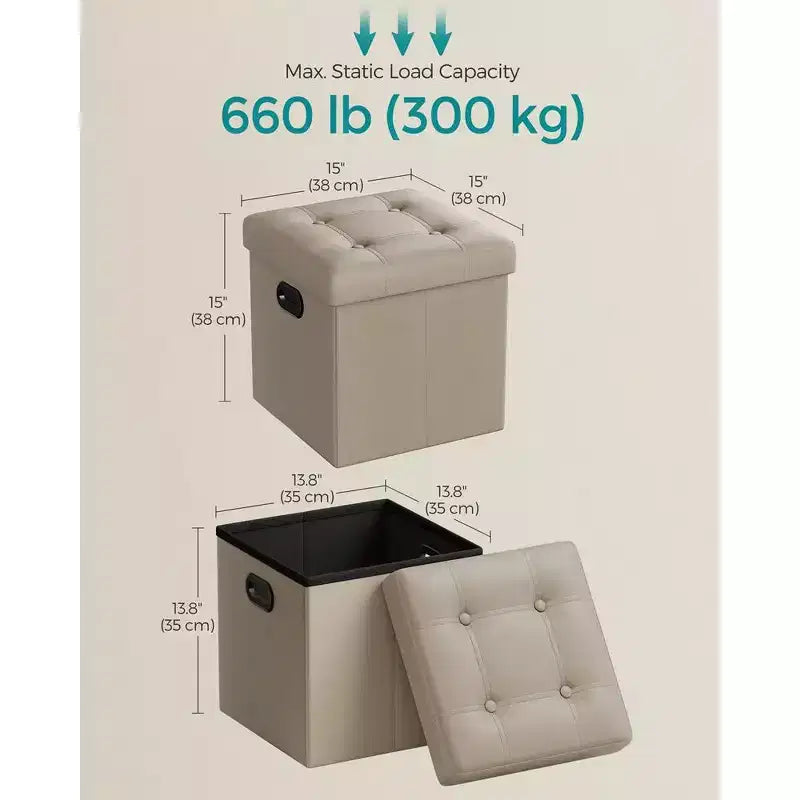 SONGMICS 15 Inches Folding Storage Ottoman, Cube Footrest, Coffee Table with Hole Handles, Faux Leather