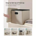 SONGMICS 15 Inches Folding Storage Ottoman, Cube Footrest, Coffee Table with Hole Handles, Faux Leather