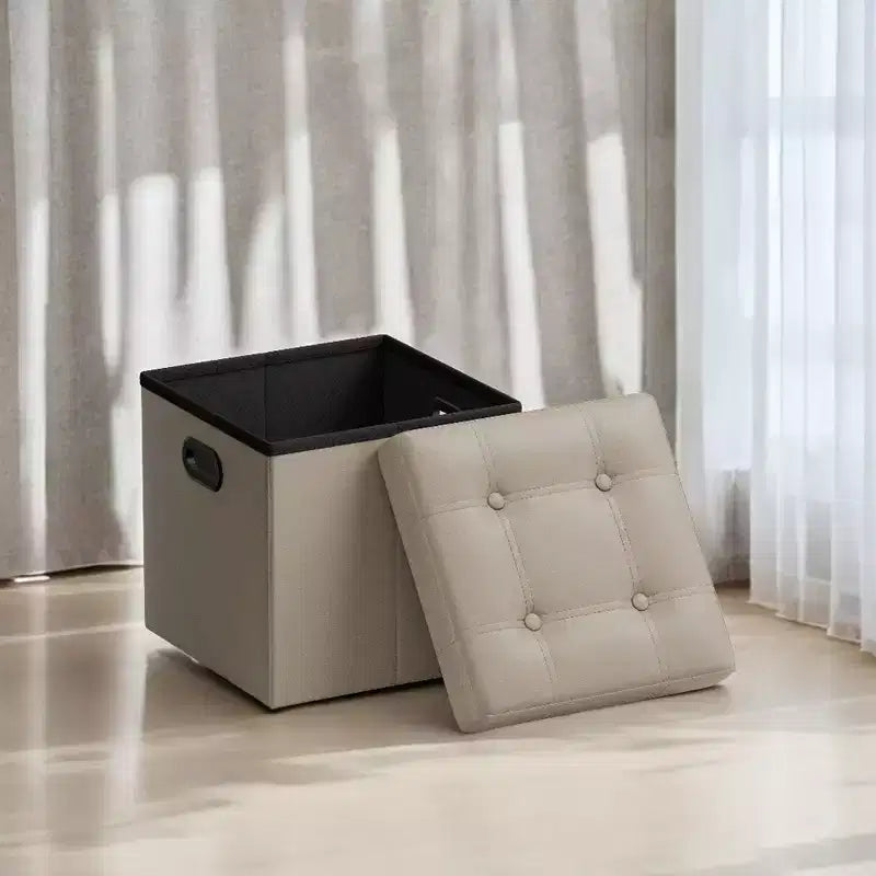 SONGMICS 15 Inches Folding Storage Ottoman, Cube Footrest, Coffee Table with Hole Handles, Faux Leather