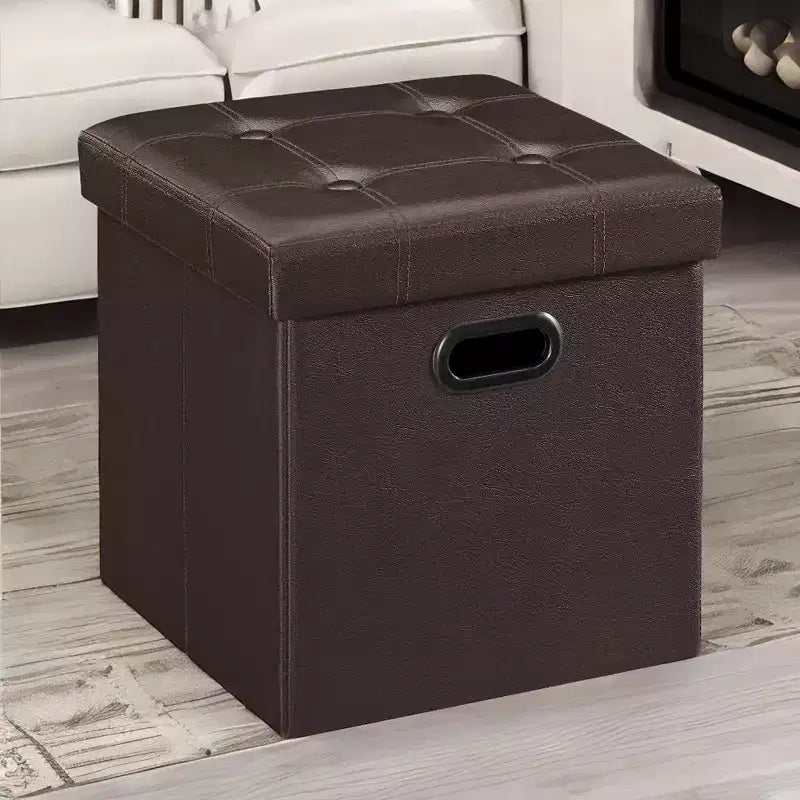 SONGMICS 15 Inches Folding Storage Ottoman, Cube Footrest, Coffee Table with Hole Handles, Faux Leather