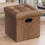 SONGMICS 15 Inches Folding Storage Ottoman, Cube Footrest, Coffee Table with Hole Handles, Faux Leather