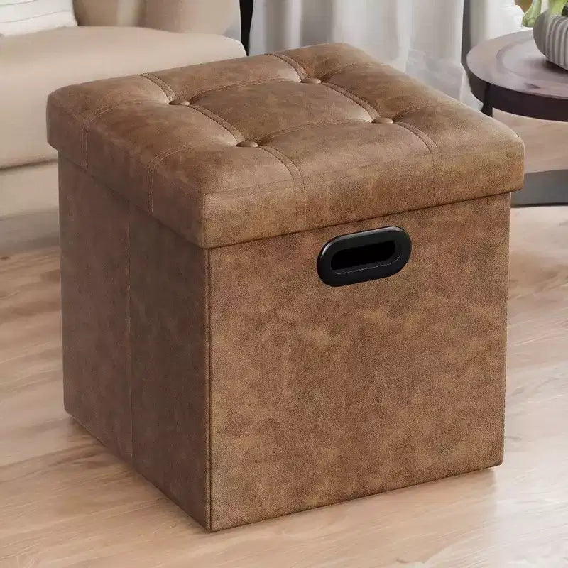 SONGMICS 15 Inches Folding Storage Ottoman, Cube Footrest, Coffee Table with Hole Handles, Faux Leather