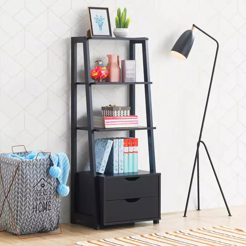 Costway 2 PCS 4 Tier Bookshelf Ladder Rack Modern Wood Storage Display Shelving with Drawers White&Natural/Black