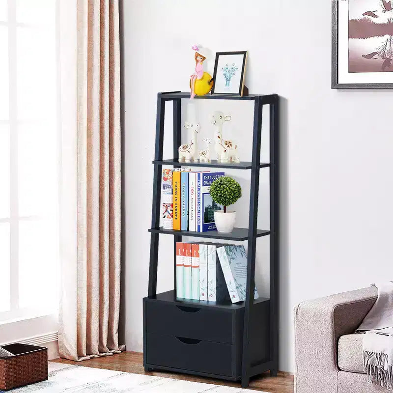 Costway 2 PCS 4 Tier Bookshelf Ladder Rack Modern Wood Storage Display Shelving with Drawers White&Natural/Black