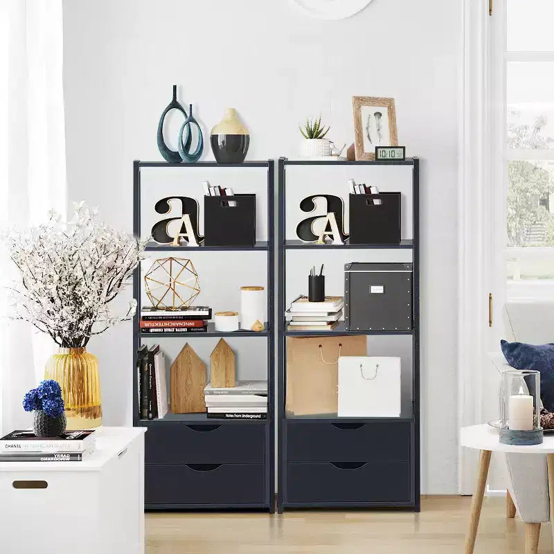Costway 2 PCS 4 Tier Bookshelf Ladder Rack Modern Wood Storage Display Shelving with Drawers White&Natural/Black
