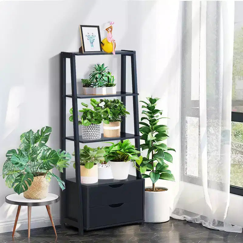 Costway 2 PCS 4 Tier Bookshelf Ladder Rack Modern Wood Storage Display Shelving with Drawers White&Natural/Black