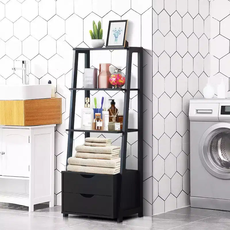 Costway 2 PCS 4 Tier Bookshelf Ladder Rack Modern Wood Storage Display Shelving with Drawers White&Natural/Black