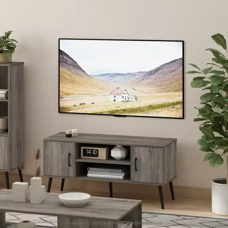 Furinno Mid-Century TV Stand Entertainment Media Console w/2 Cabinets&Open Storage Shelves for TVs up to 50,French Oak Grey