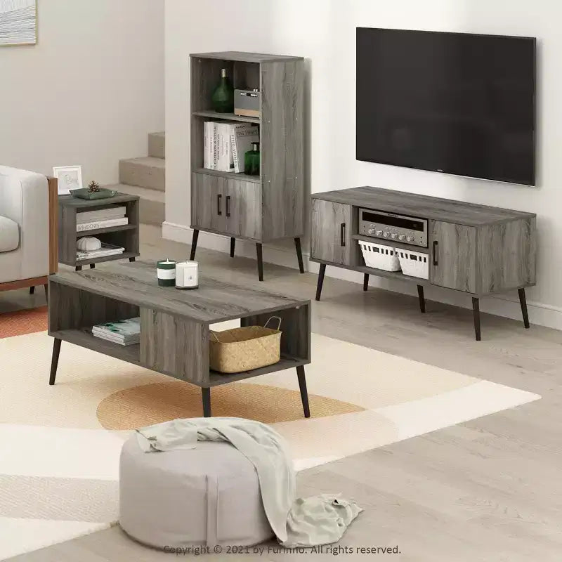 Furinno Mid-Century TV Stand Entertainment Media Console w/2 Cabinets&Open Storage Shelves for TVs up to 50,French Oak Grey