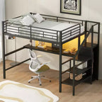 Full Size Metal Loft Bed with Desk, Storage Staircase and Small Wardrobe  ModernLuxe