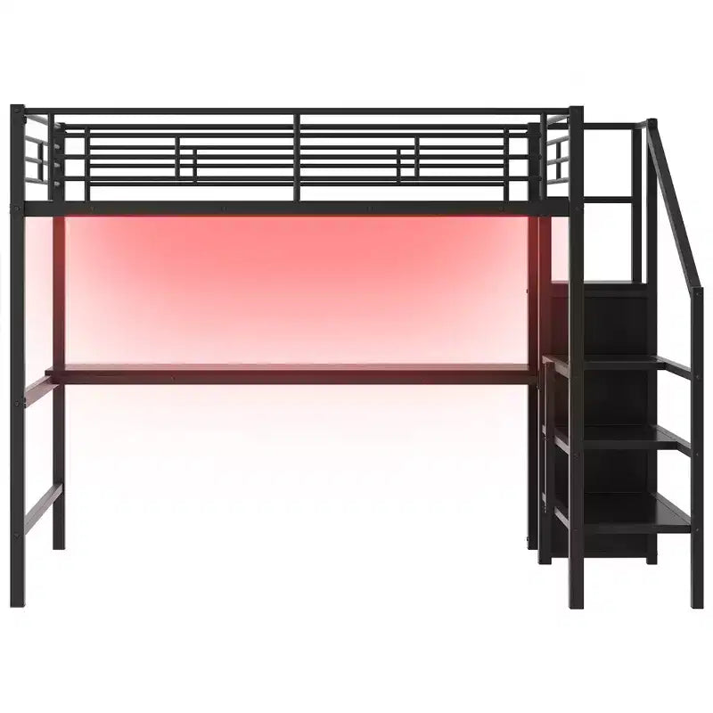 Full Size Metal Loft Bed with Desk, Storage Staircase and Small Wardrobe  ModernLuxe