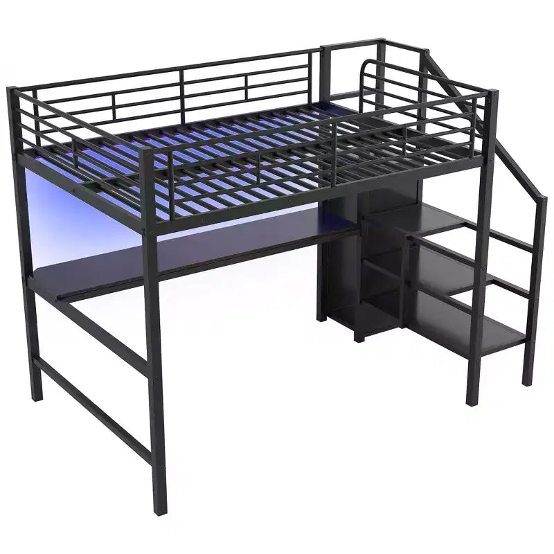 Full Size Metal Loft Bed with Desk, Storage Staircase and Small Wardrobe  ModernLuxe