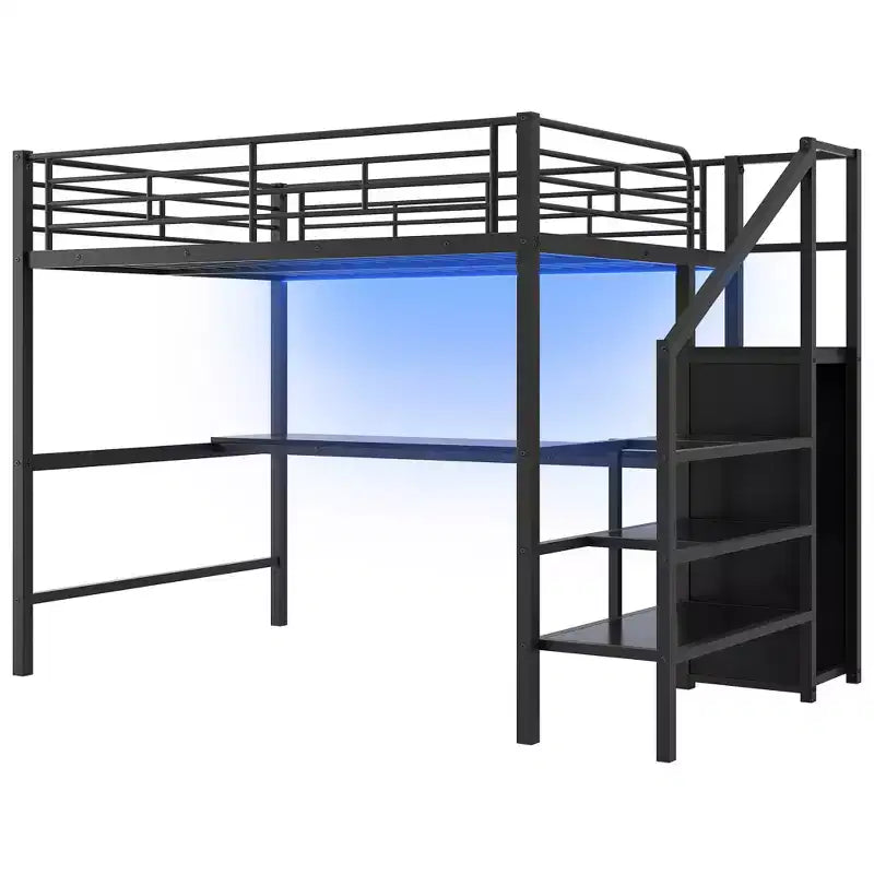 Full Size Metal Loft Bed with Desk, Storage Staircase and Small Wardrobe  ModernLuxe