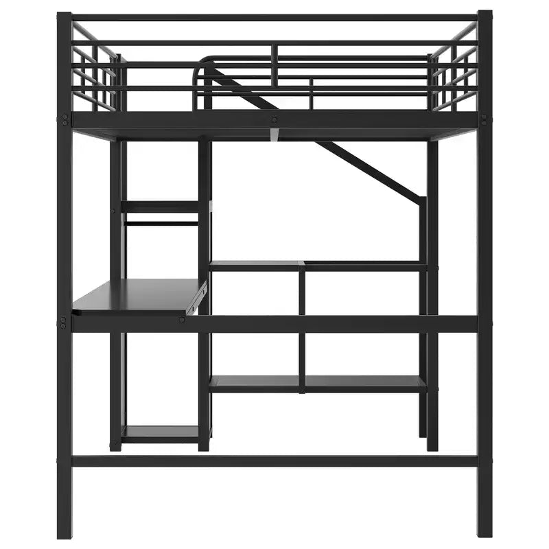 Full Size Metal Loft Bed with Desk, Storage Staircase and Small Wardrobe  ModernLuxe