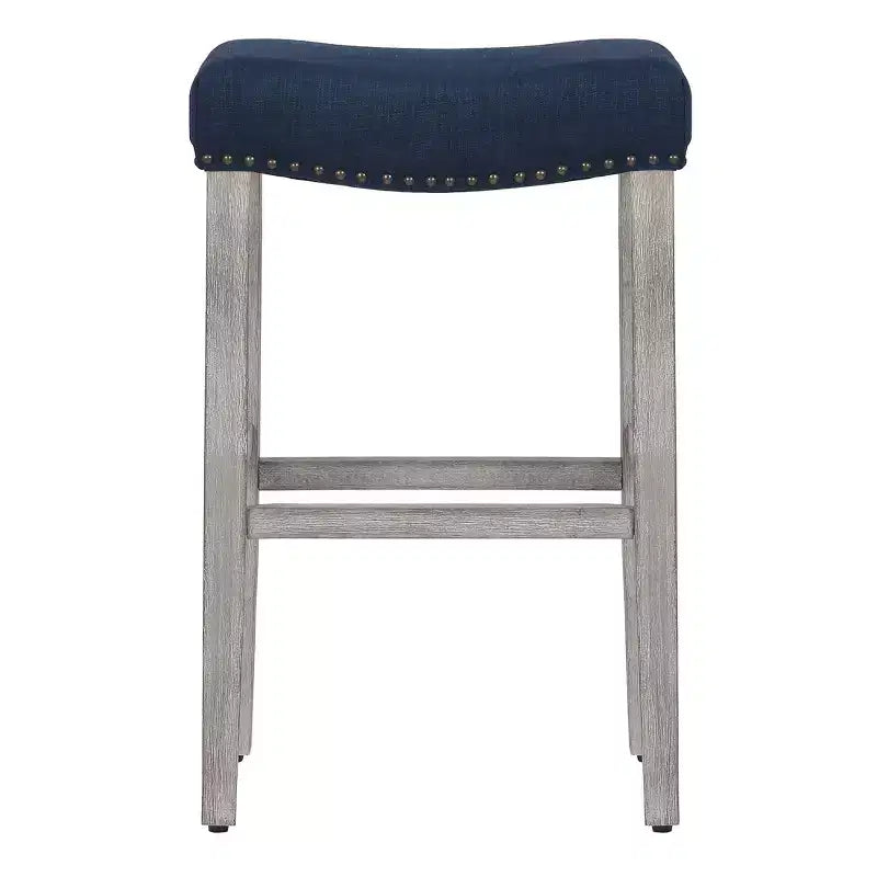 WestinTrends 29 Upholstered Saddle Seat Bar Stool (Set of 2), Antique Gray/Navy Blue