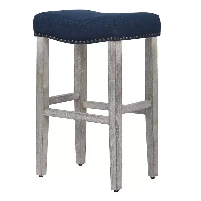 WestinTrends 29 Upholstered Saddle Seat Bar Stool (Set of 2), Antique Gray/Navy Blue