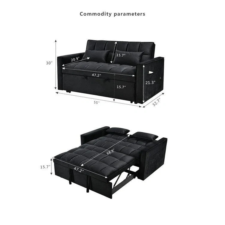 Modern Velvet Futon Loveseat with Reclining Backrest & Pockets, Seats 2 ??Dark Gray / Light Gray / Blue / Black