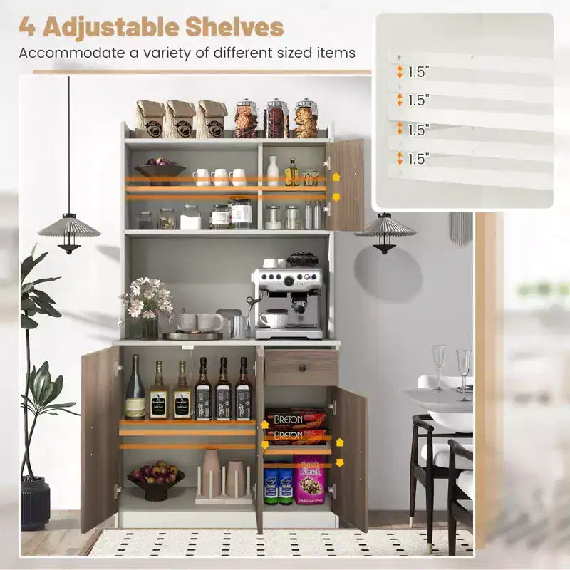 Costway 4-Door 71'' Kitchen Buffet Pantry Storage Cabinet w/Hutch Adjustable Shelf White
