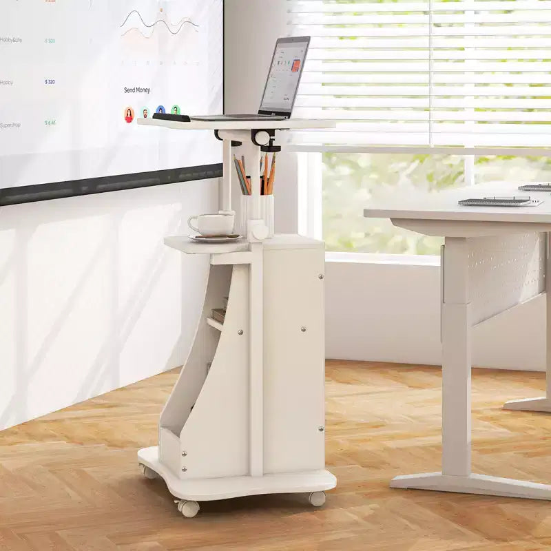 Costway Mobile Podium Stand Height Adjustable Laptop Cart with Storage Compartments Rolling Lectern with Lockable Casters for Classroom Office White