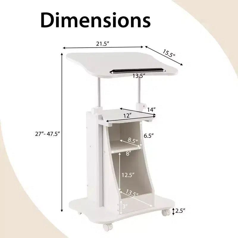 Costway Mobile Podium Stand Height Adjustable Laptop Cart with Storage Compartments Rolling Lectern with Lockable Casters for Classroom Office White