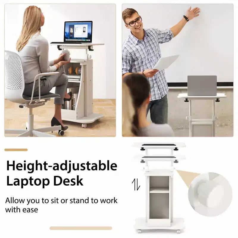Costway Mobile Podium Stand Height Adjustable Laptop Cart with Storage Compartments Rolling Lectern with Lockable Casters for Classroom Office White