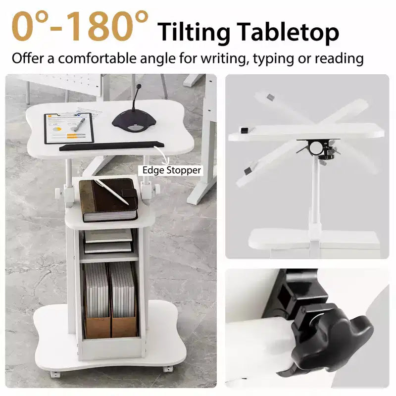 Costway Mobile Podium Stand Height Adjustable Laptop Cart with Storage Compartments Rolling Lectern with Lockable Casters for Classroom Office White