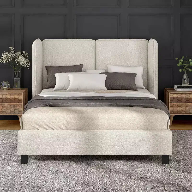 HOMES: Inside + Out Queen Shellsea Modern Boucle Upholstered Platform Bed with Wingback Headboard