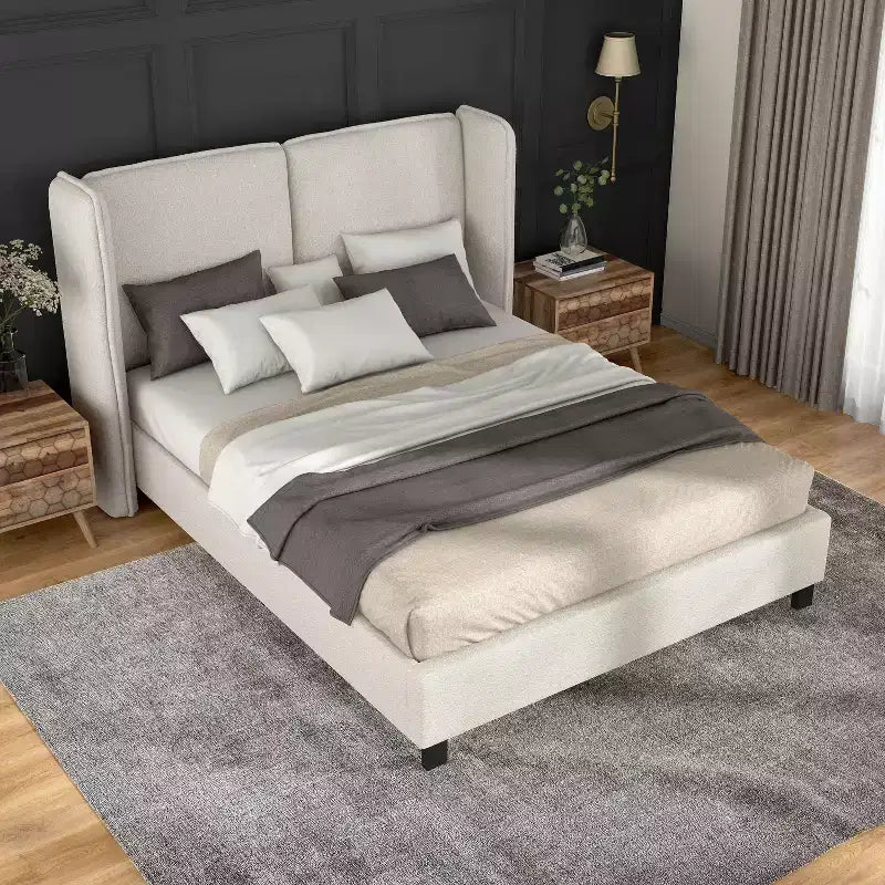 HOMES: Inside + Out Queen Shellsea Modern Boucle Upholstered Platform Bed with Wingback Headboard