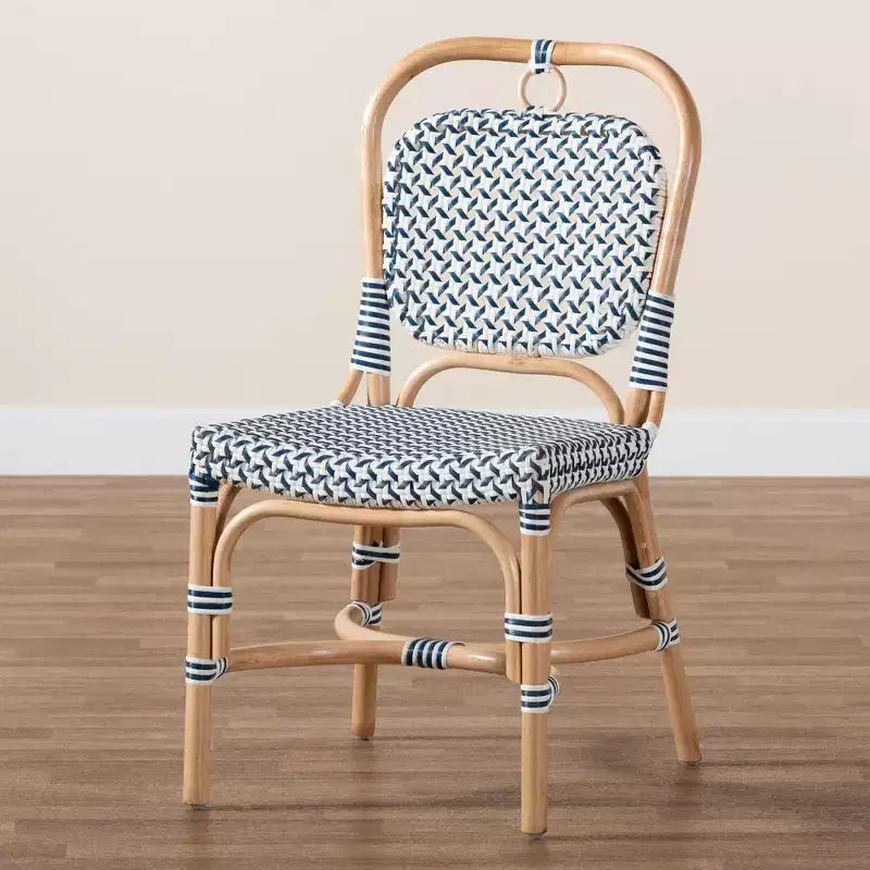 bali & pari Luciana Modern French Blue and White Weaving Natural Rattan Bistro Chair