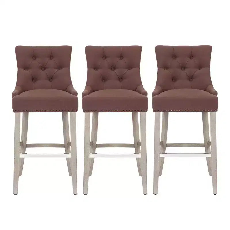 WestinTrends 29 Linen Tufted Buttons Upholstered Wingback Bar Stool (Set of 3), Brown