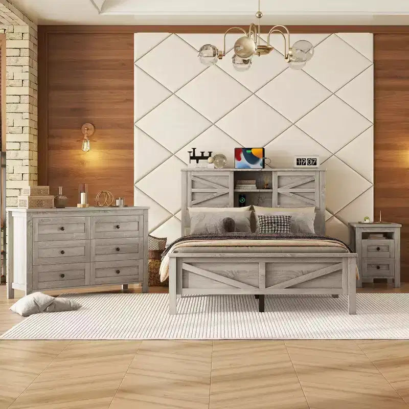 3-Piece Farmhouse Bedroom Sets, Full/Queen Size Platform Bed with Storage Nightstand and Dresser 4W - ModernLuxe