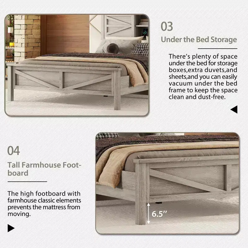3-Piece Farmhouse Bedroom Sets, Full/Queen Size Platform Bed with Storage Nightstand and Dresser 4W - ModernLuxe