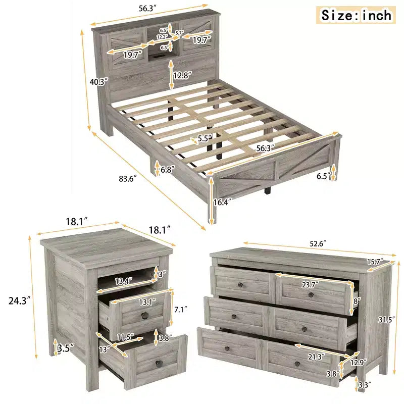3-Piece Farmhouse Bedroom Sets, Full/Queen Size Platform Bed with Storage Nightstand and Dresser 4W - ModernLuxe
