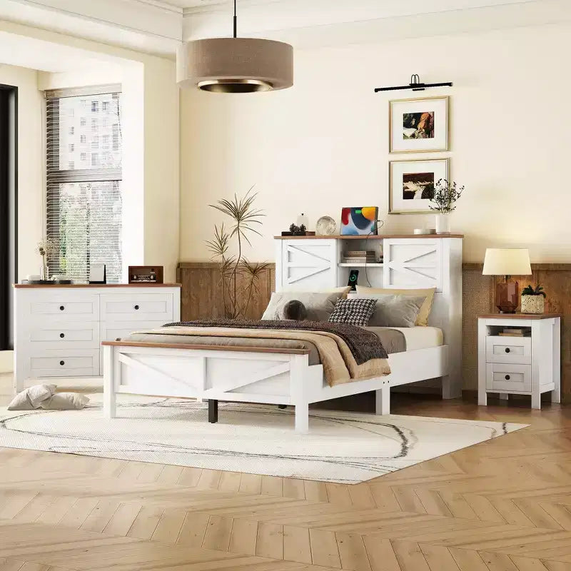 3-Piece Farmhouse Bedroom Sets, Full/Queen Size Platform Bed with Storage Nightstand and Dresser 4W - ModernLuxe