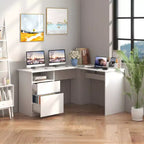 Costway L Shaped Computer Desk 59'' Corner Study Writing Desk with Open Compartment & 2 Cable Management Holes Walnut/White