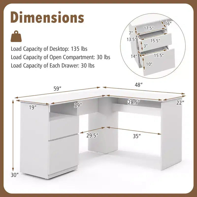 Costway L Shaped Computer Desk 59'' Corner Study Writing Desk with Open Compartment & 2 Cable Management Holes Walnut/White