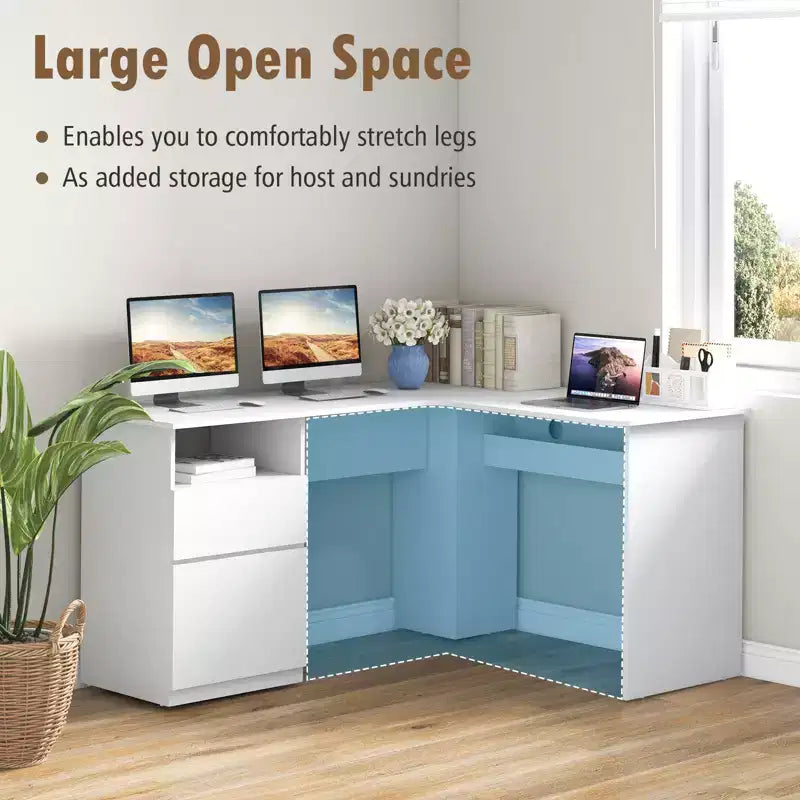 Costway L Shaped Computer Desk 59'' Corner Study Writing Desk with Open Compartment & 2 Cable Management Holes Walnut/White