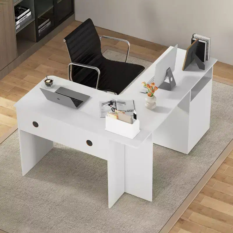 Costway L Shaped Computer Desk 59'' Corner Study Writing Desk with Open Compartment & 2 Cable Management Holes Walnut/White