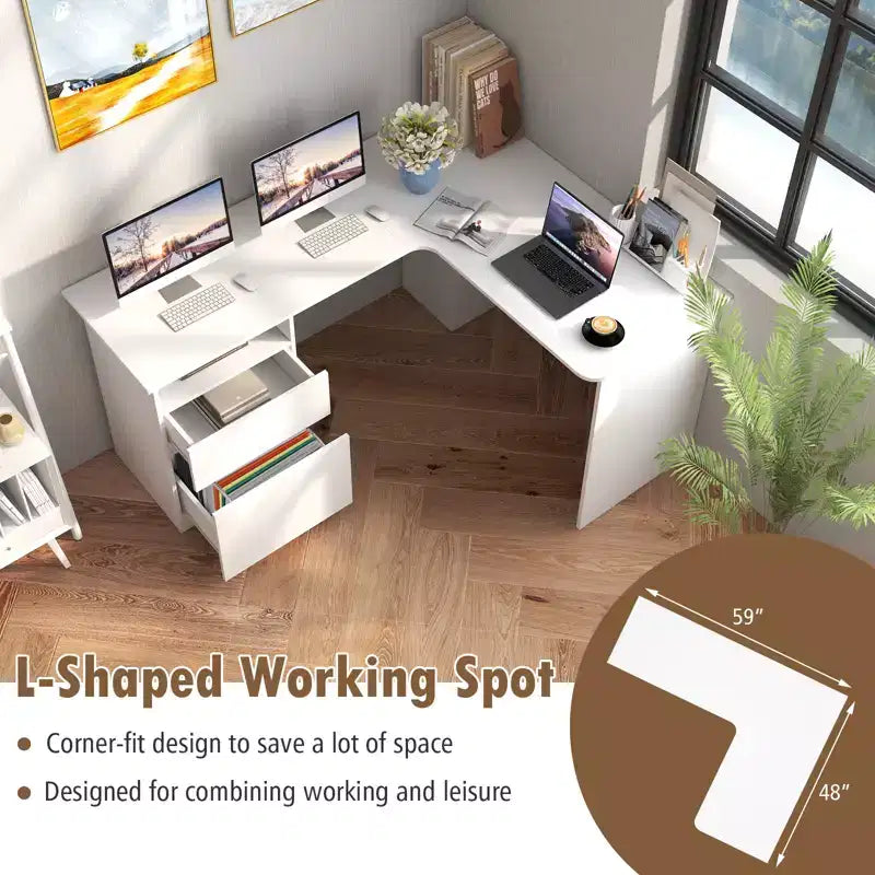 Costway L Shaped Computer Desk 59'' Corner Study Writing Desk with Open Compartment & 2 Cable Management Holes Walnut/White