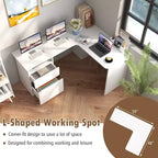 Costway L Shaped Computer Desk 59'' Corner Study Writing Desk with Open Compartment & 2 Cable Management Holes Walnut/White