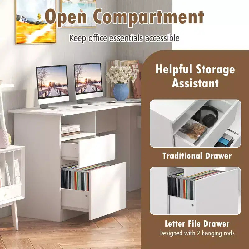 Costway L Shaped Computer Desk 59'' Corner Study Writing Desk with Open Compartment & 2 Cable Management Holes Walnut/White