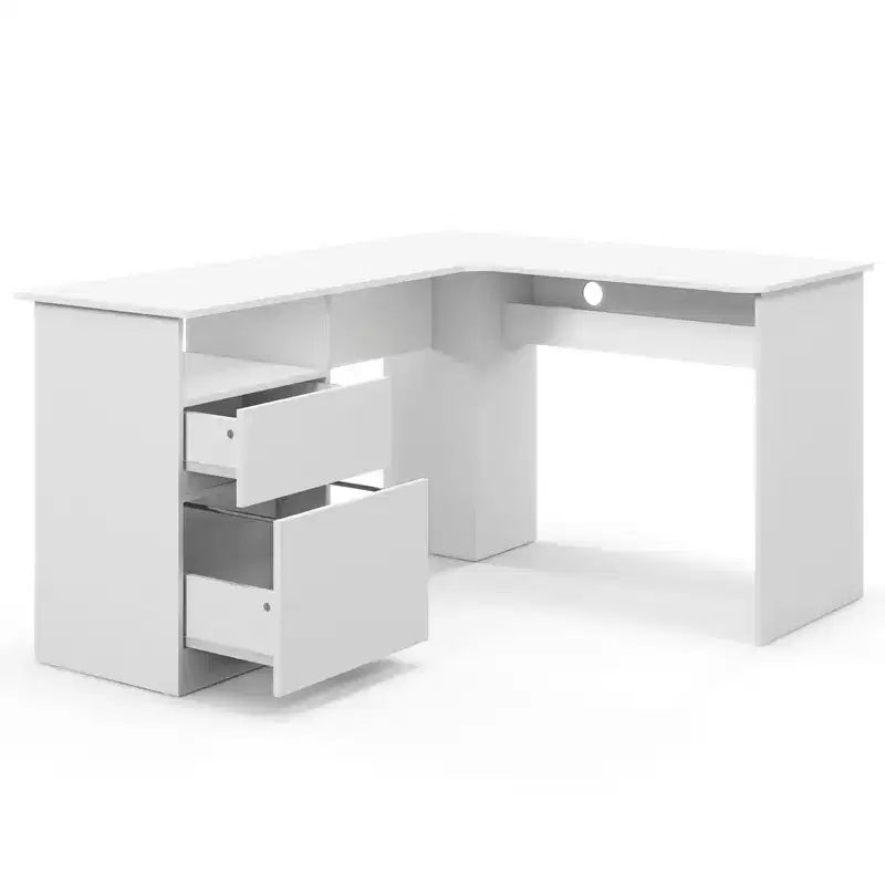 Costway L Shaped Computer Desk 59'' Corner Study Writing Desk with Open Compartment & 2 Cable Management Holes Walnut/White