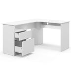 Costway L Shaped Computer Desk 59'' Corner Study Writing Desk with Open Compartment & 2 Cable Management Holes Walnut/White