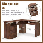 Costway L Shaped Computer Desk 59'' Corner Study Writing Desk with Open Compartment & 2 Cable Management Holes Walnut/White